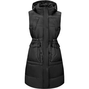 Women Long Loose Puffer Vest  Quilted Hooded Spring Fall Oversized Thermal Gilet
